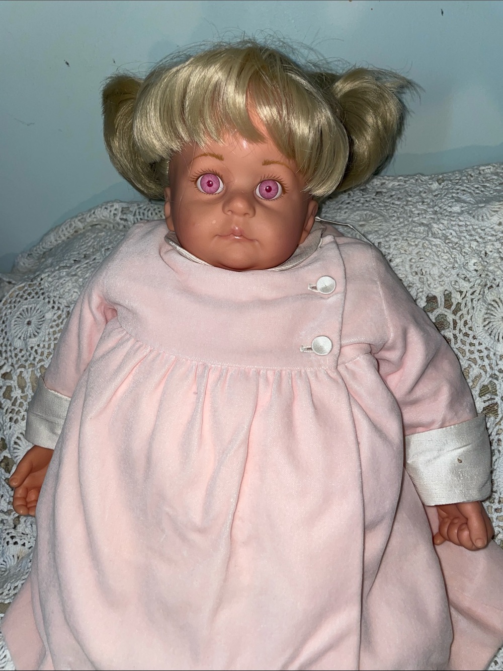 GOTZ Polly Pigtails Blonde Infant Vinyl Doll cloth body 4Pc Pink Green outfit